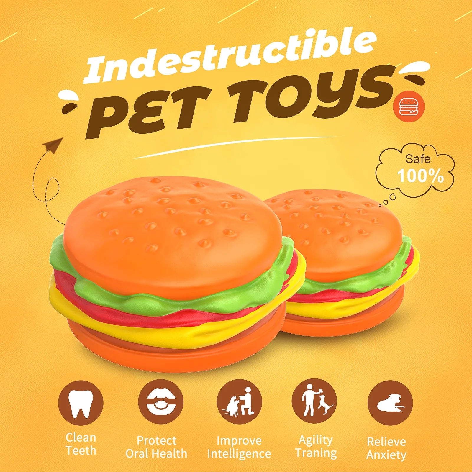 Durable Squeaky Hamburger Dog Toy for Aggressive Chewers - Natural Rubber Chew Toy for Puppies