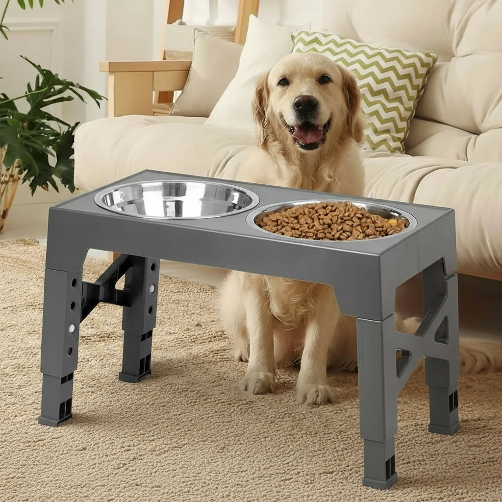 Adjustable Elevated Dog Bowls with 2 Stainless Steel Bowls - Perfect for Small, Medium, and Large Dogs - Stylish Grey Design