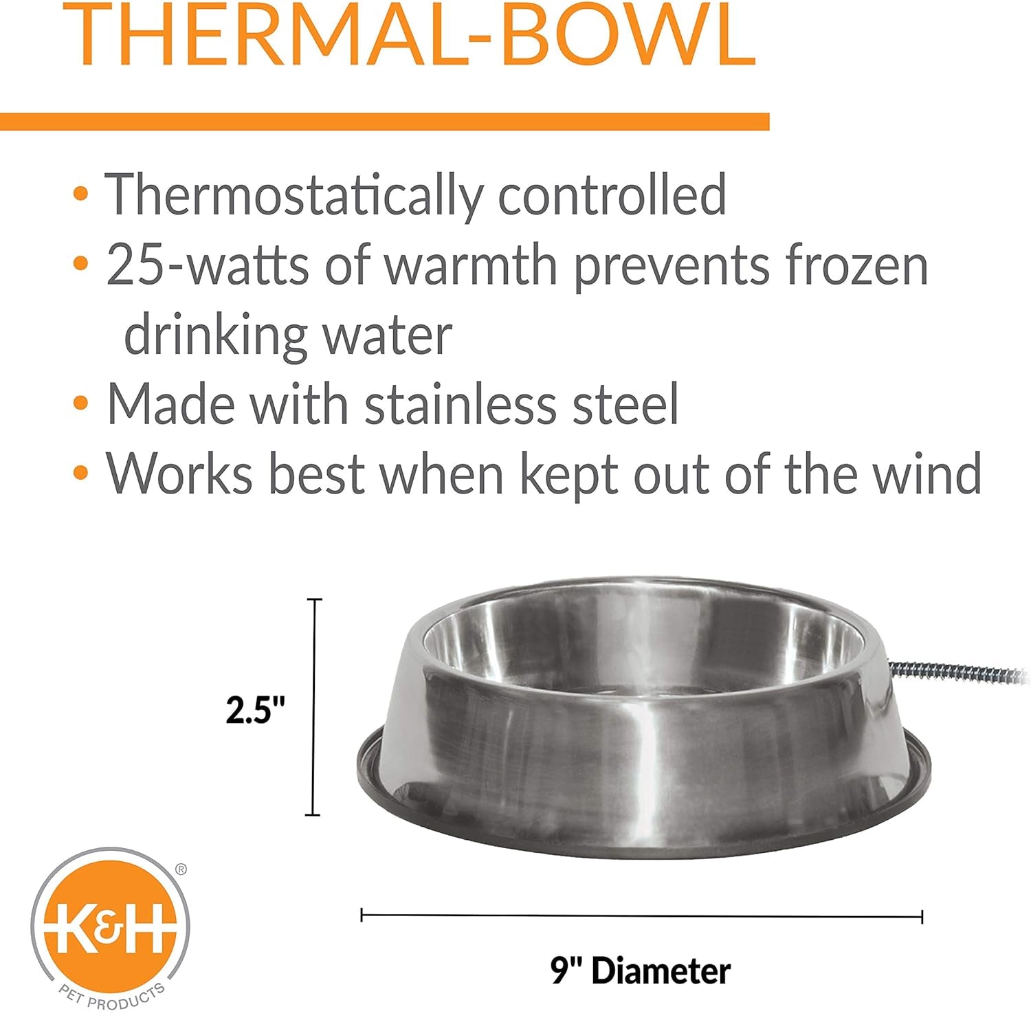 Thermal-Bowl 102 oz Heated Outdoor Pet Water Dish - No-Freeze Stainless Steel with Anti-Chew Cord & 25W Safety Certification