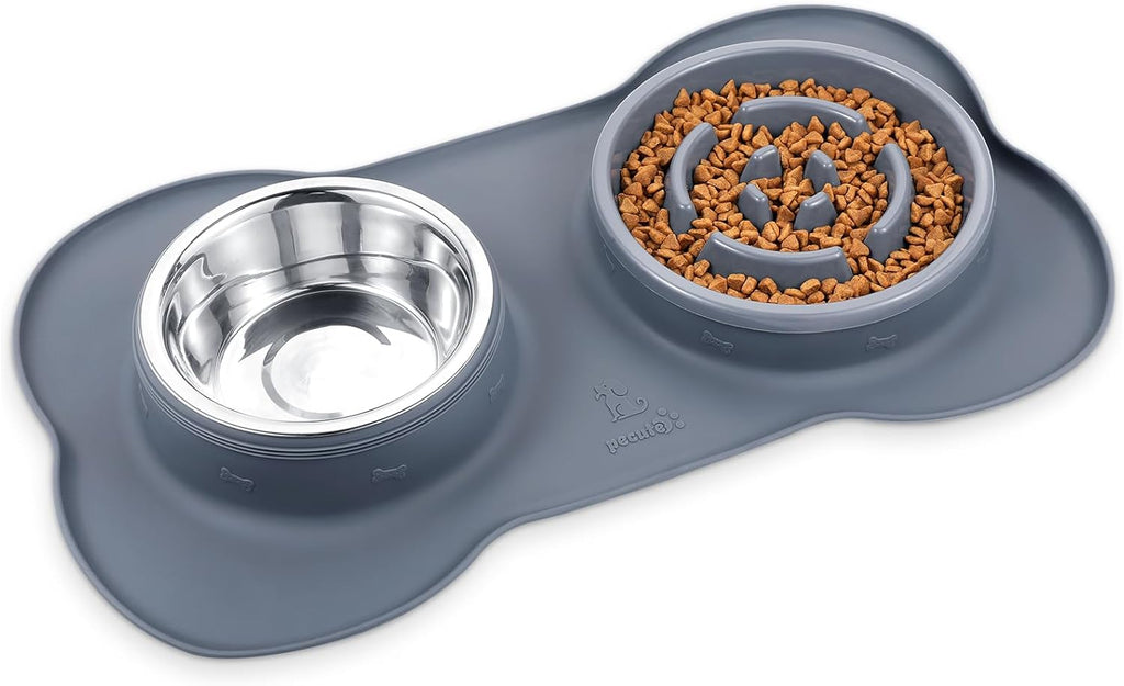 Slow Feeder Dog Bowls to Slow down Eating, Dog Bowl Slow Feeder with No-Spill Non-Skid Silicone Mat, Food-Grade Safe Dog Food Bowls Slow Feeder, Stainless Steel Dog Water Bowl for Dogs Cats