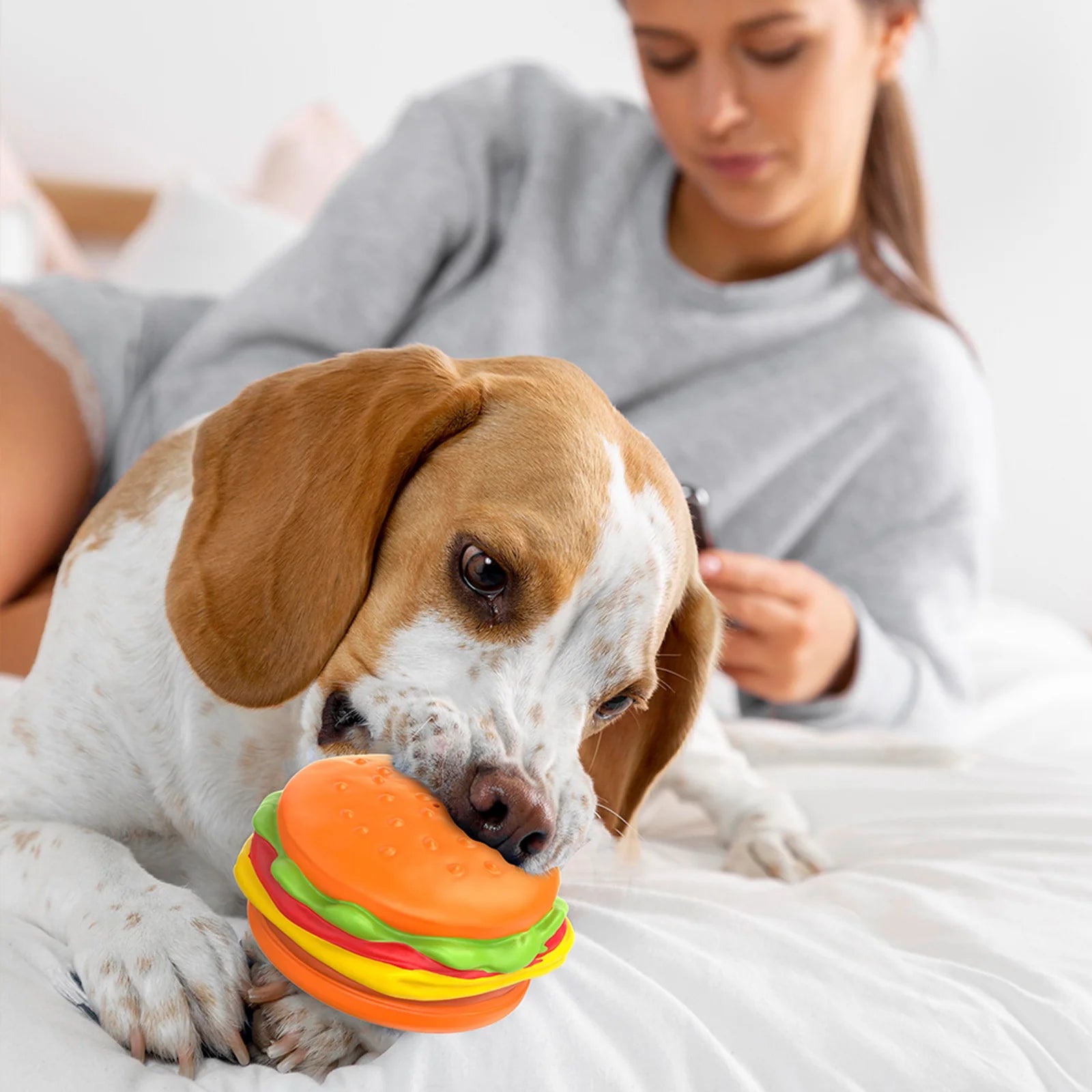 Durable Squeaky Hamburger Dog Toy for Aggressive Chewers - Natural Rubber Chew Toy for Puppies