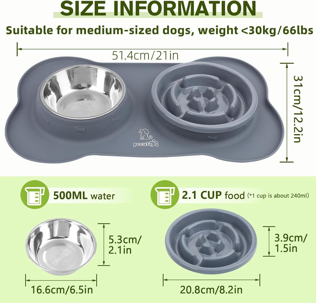 Slow Feeder Dog Bowls to Slow down Eating, Dog Bowl Slow Feeder with No-Spill Non-Skid Silicone Mat, Food-Grade Safe Dog Food Bowls Slow Feeder, Stainless Steel Dog Water Bowl for Dogs Cats
