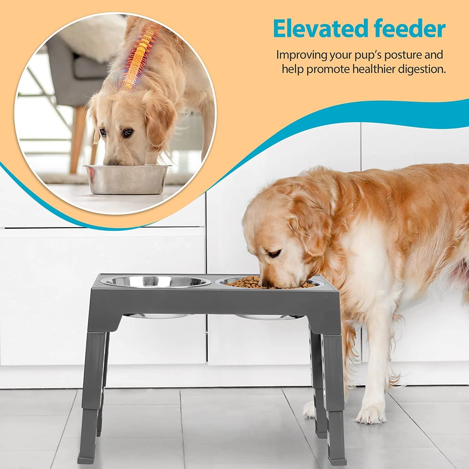 Adjustable Elevated Dog Bowls with 2 Stainless Steel Bowls - Perfect for Small, Medium, and Large Dogs - Stylish Grey Design